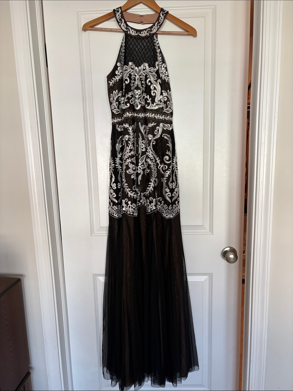 BCBGMaxAzria Black Maxi Dress with White Embroidered Appliqué